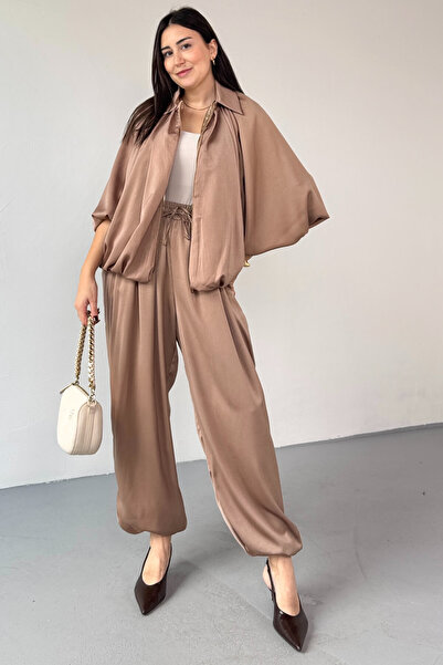 Cappmoda Tkm-13350 Mink Special Design Satin Bomber Jacket & Baggy Trousers T...