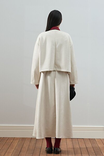 Ceylan Otantik Cream Suede Flared Skirt - Jacket Set