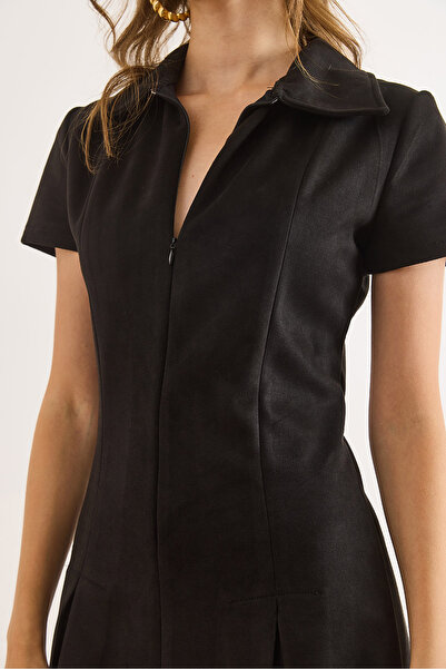 Olalook Kadın Siyah Süet Yakası Gizli Fermuarlı Pileli Mini Elbise ELB-19002542