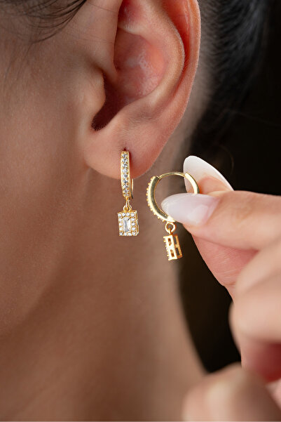 Silvano Jewelry 925 Ayar Gümüş Gold Baget Taşlı Halkalı Küpe