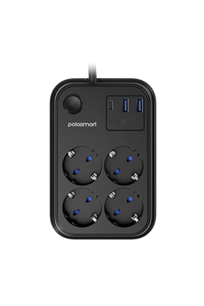 Polosmart MP22 Akım Korumalı 4 Priz 2 USB 1 Type-C Çıkışlı Uzatma Kablosu 2 Metre Siyah