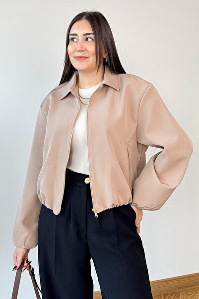 Cappmoda Ckt-12469 Beige Lined Zippered Bomber Jacket with Elastic Waist