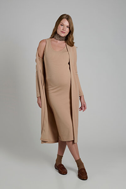 Lynmama طقم MES702 للحوامل باللون البيج - فستان حمل مريح وأنيق مع كومبو كاردي...