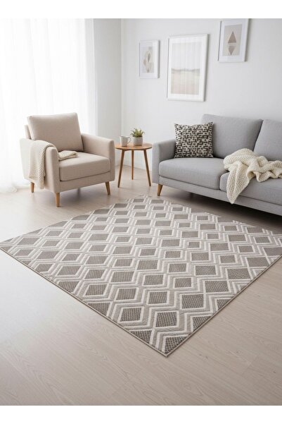 Modern Geometrik Desenli Bej Kaymaz Yıkanabilir Halı