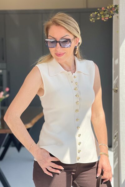 MİSLİNA BUTİK Düğme Detay Krem Yelek