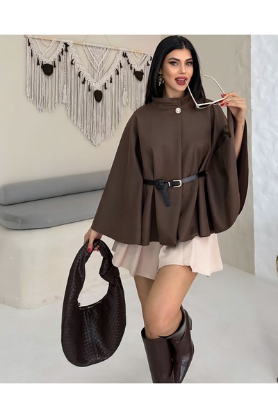 DİMA Yellow Button Detailed Belted Suede Poncho