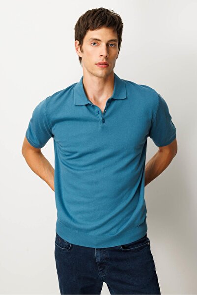 Desen Triko Мъжка поло блуза 100% памук с къс ръкав, фина плетена, синя