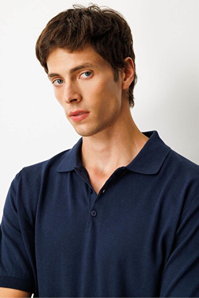 Desen Triko Men's Polo Neck 100% Cotton Short Sleeve Slim Knitwear Navy Blue