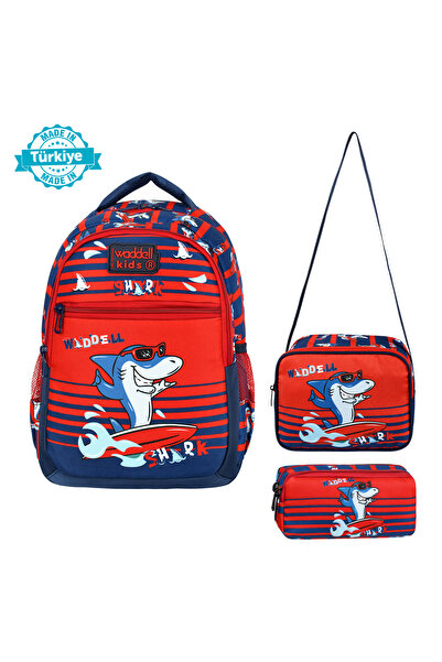 VESSARA Licensed Red Shark Patterned Boy's Primary School Backpack, Lunchbox and Pen Holder