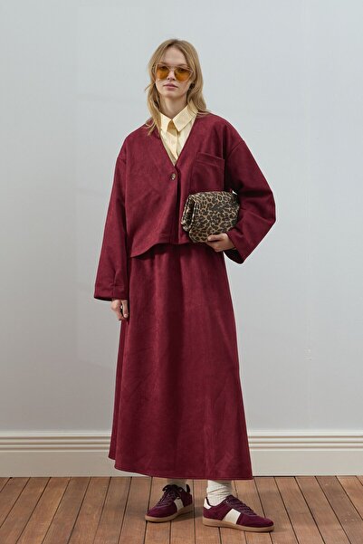 Ceylan Otantik Burgundy Suede Flared Skirt - Jacket Set
