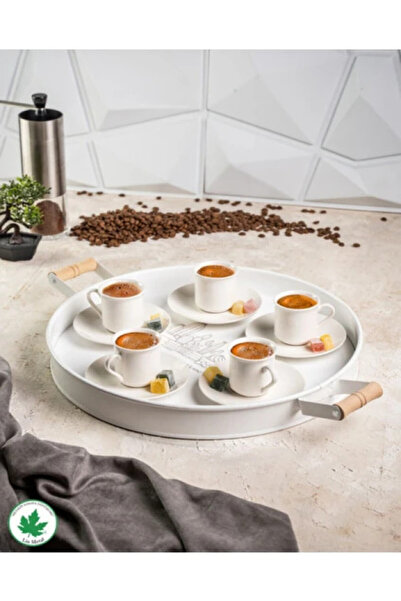 WareHause0 37CM Ahşap Kulplu Beyaz Metal Tepsi Yuvarlak Çay Tepsisi Sunum Tepsisi Tahta Kulplu (Kaktüs Baskılı)