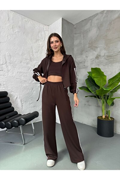 Elif Özbey Butik Bitter Brown Three Piece Hooded Set