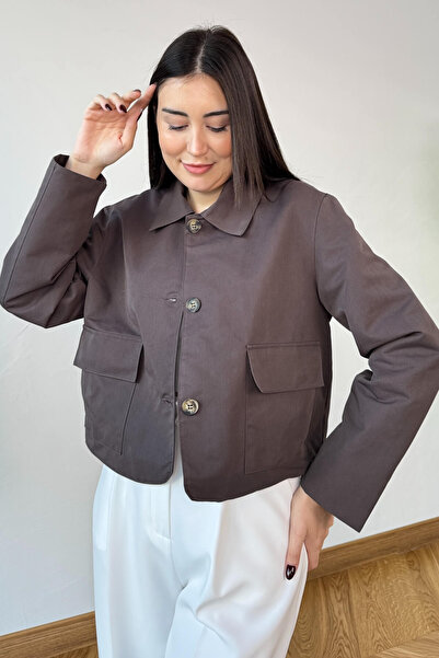Cappmoda Ckt-0163 Bitter Brown Lined Gabardine Pocketed Crop Jacket