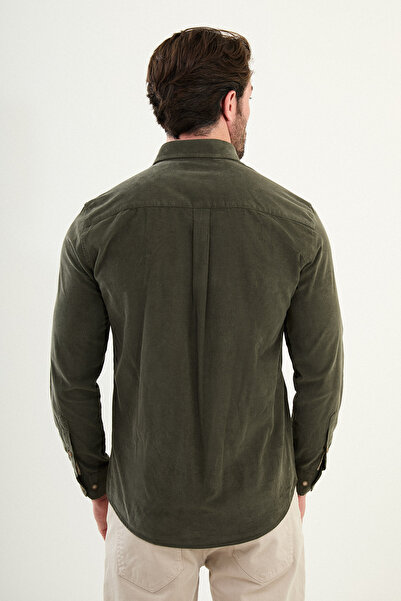 Mcr Plain Slim Fit Embroidery Detailed Velvet Men's Shirt Khaki - 27109.25K