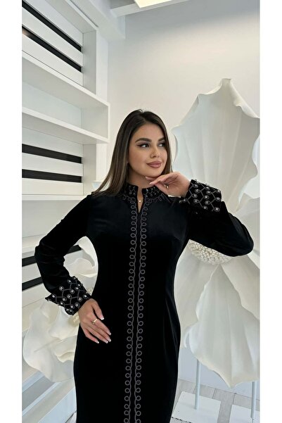White Corner 3143 NAKIŞLI KALEM ELBİSE KADİFE