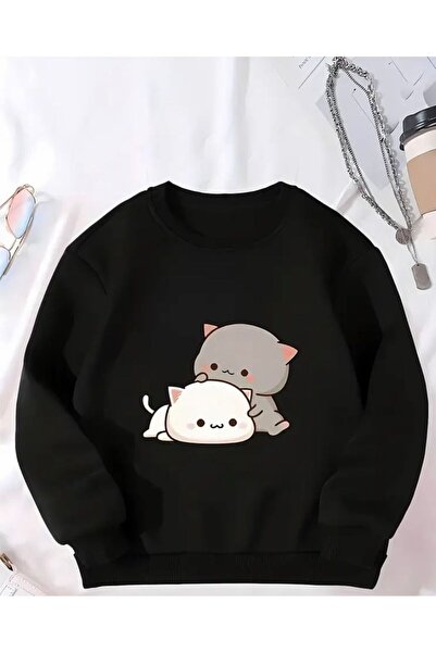herkesemoda Φούτερ με λαιμόκοψη με στάμπα Cat και εσωτερικό φλις