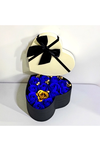 velve Aranjament floral Intimissimo, 13 trandafiri din sapun, stamine artizanale, in cutie inima, Albastru