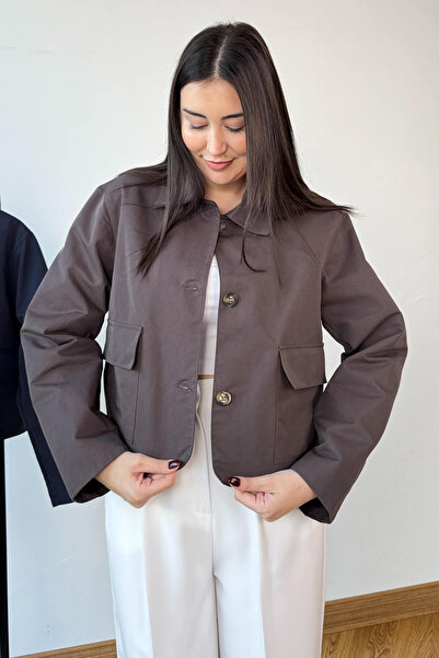 Cappmoda Ckt-0163 Bitter Brown Lined Gabardine Pocketed Crop Jacket