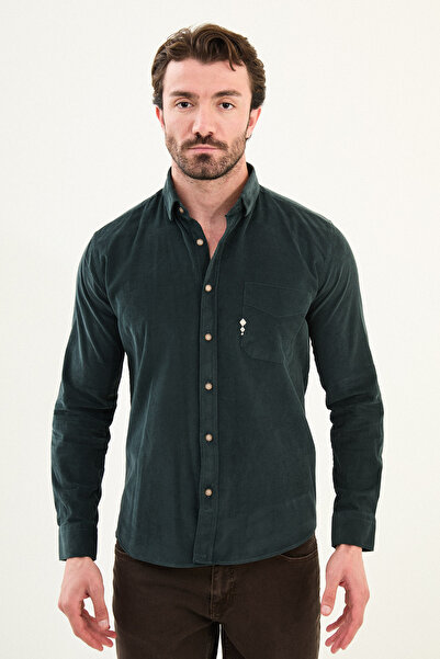 Mcr Plain Slim Fit Embroidery Detailed Velvet Men's Shirt Emerald - 27109.25K