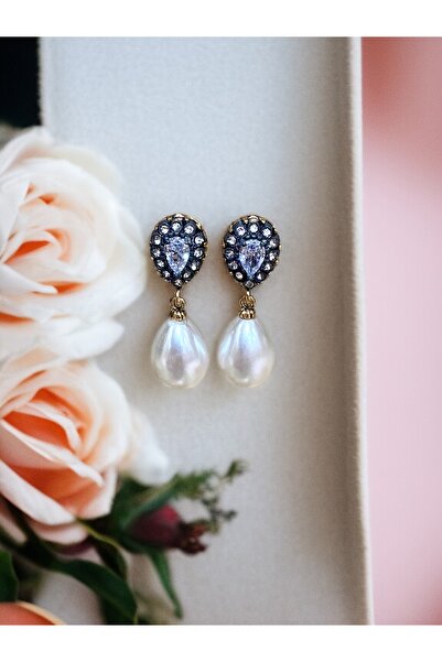 FAYRA ACCESSORIES Zirkon Taşlı Su Damlası İnci Sallantılı Küpe