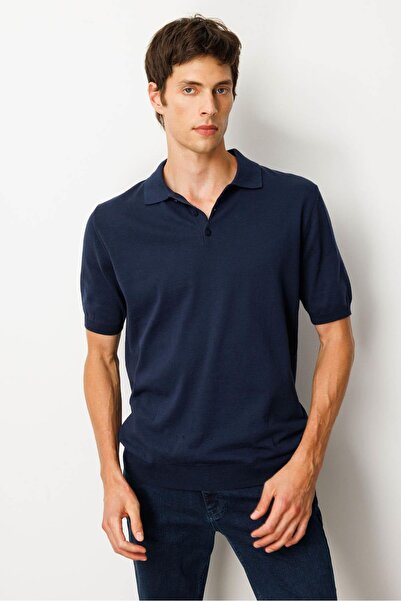 Desen Triko Men's Polo Neck 100% Cotton Short Sleeve Slim Knitwear Navy Blue