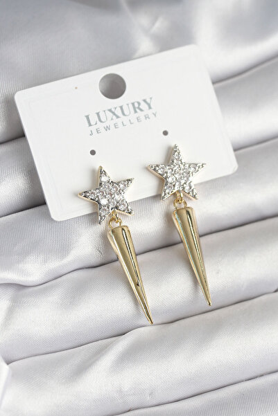 Nehir Brass Gold Color Zircon Stone Star Model Nail Women's Earrings Valentin...