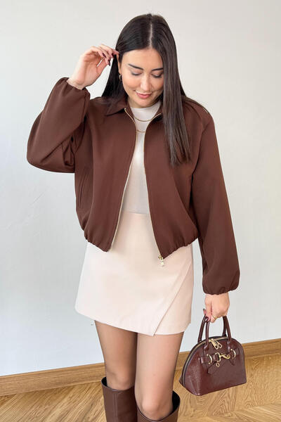 Cappmoda Ckt-12469 Brown Lined Zippered Bomber Jacket with Elastic Waist