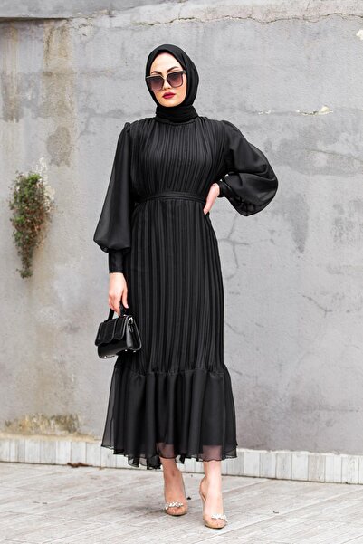 Tesettür Çarşım Mindy Drapeli Özel Gün Elbisesi-Siyah