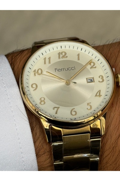 Ferrucci ALTIN RENK BEYAZ KADRANLI RAKAMLI TARİHLİ ERKEK SAATİ