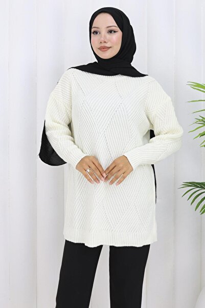 hafsamina Πουλόβερ με λαιμόκοψη με μοτίβο μπακλαβά λευκό HM2836
