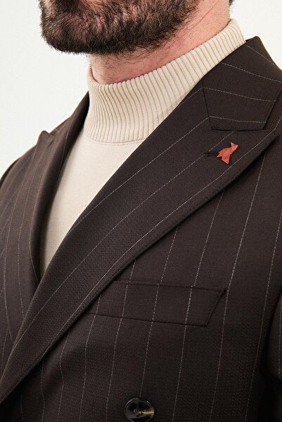 Mcr Çizgili Slim Fit Geniş Yaka Kruvaze Erkek Takım Elbise Kahve - 45426.25K