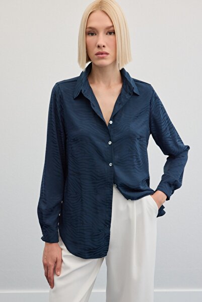 Sateen Zebra Desenli Gömlek - Lacivert