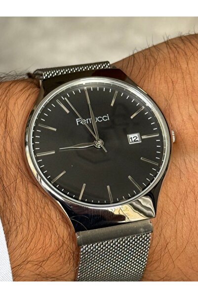 Ferrucci GÜMÜŞ RENK SİYAH KADRANLI AYARLANABİLEN HASIR KORDONLU TARİHLİ ERKEK SAATİ