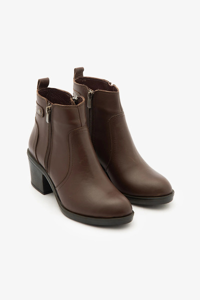 SAYL Γυναικείες μπότες με φερμουάρ από γνήσιο δέρμα καφέ με κοντό τακούνι