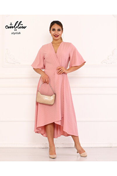 Stylish فستان ميدي باللون الوردي موديل لف ياقة V