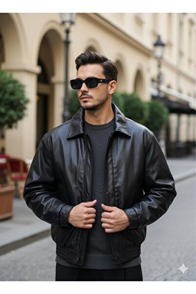 SEASON COAT Oversize Vintage Ανδρικό Μαύρο Δερμάτινο Μπουφάν