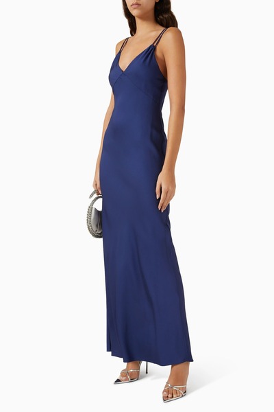 ALICE AND OLIVIA Kiro Indigo Maxi Elbise, Mat Viskon Twill, Örgülü Askılı Şık Tasarım