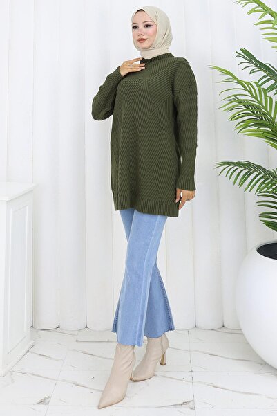 hafsamina Πουλόβερ με λαιμόκοψη με μοτίβο διαμάντια χακί HM2836