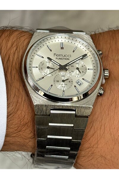 Ferrucci GÜMÜŞ RENK BEYAZ KADRANLI FONKSİYONLU TARİHLİ ERKEK SAATİ