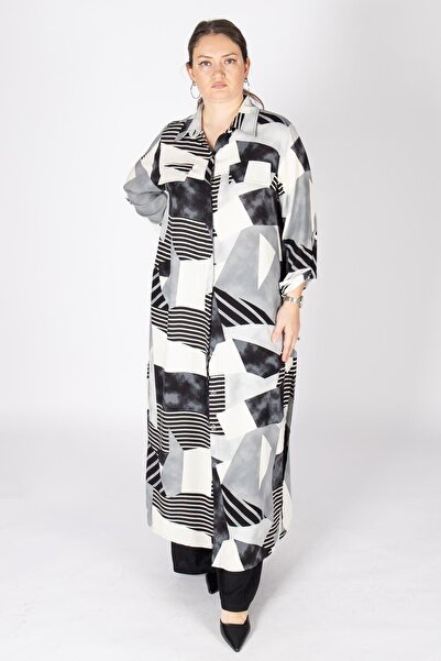 Bedrinxxl Kadın Büyük Beden Desenli Uzun Tunik Gömlek Kristal Takım Şık Teset...