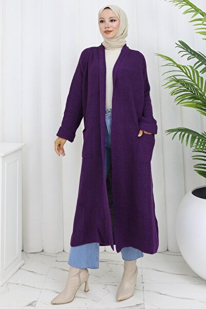 hafsamina سترة تريكو بياقة شال وجيب باللون الأرجواني HM2243