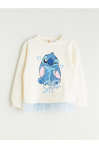 LC Waikiki Ecru Crew Neck Stitch Printed Girl's Sweatshirt