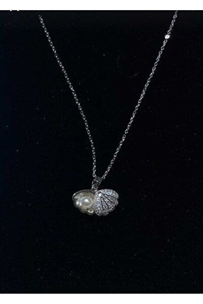 ÖZÜM TAKI Stainless Steel Chain Necklace with Sea Shell Pearl Detail and Silver Zircon Stone