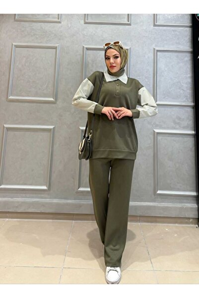 QUAWEAR Σετ αθλητικής φόρμας από πλεκτό ύφασμα με υφασμάτινη λεπτομέρεια στο γιακά πουκάμισου και τον τοπ και το παντελόνι