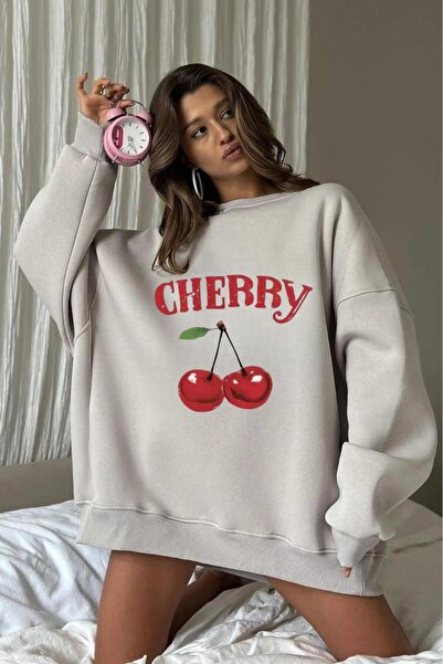 NO 601 Hanorac pentru femei, gri piatră, cu gâtul rotund, cu imprimeu de cireșe