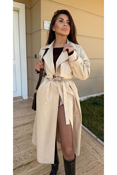 EGZOTİK ASORTİK Cep Detaylı Oversize Kuşaklı Trençkot