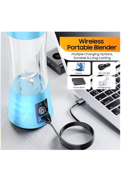 SyaMAG Mini blender portabil, reîncărcabil prin USB, albastru, cu mâner din silicon, 380 ml