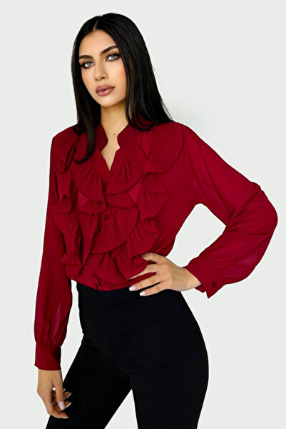 FashionForYou Dariana elegant shirt, with a vaporous texture, long sleeves and maxi ruffles with a pleated look, Bordeaux