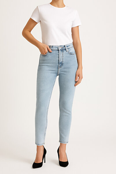 DELDNM جينز نسائي ضيق من دينيسا بلون أزرق ثلجي عالي الخصر مصنوع من الليكرا