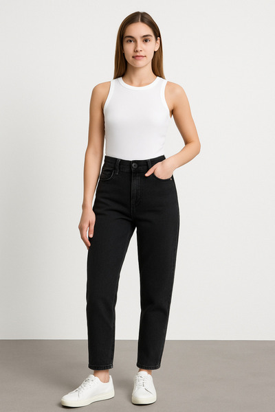 JILLY Anastasya Black talie înaltă Pantaloni de blugi Mom material elastic So...